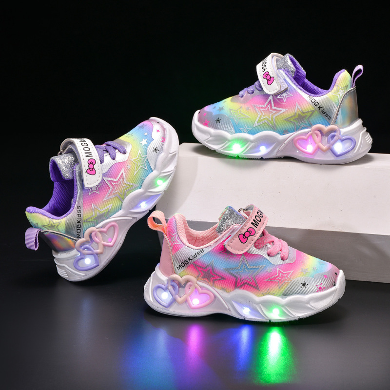 Wholesale Five-Pointed Star Colorful Girls' Light-Up Shoes 2026 Spring and Autumn New Led Luminous Shoes Sports Casual Baby Shoes