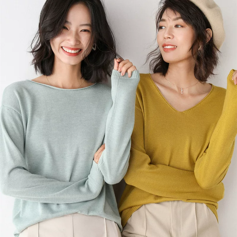 Women's Polyester Pullover (Brand) Slim Long-Sleeve Sweater, Round & V-Neck, Commuting Style