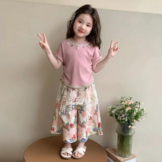 女童夏季套装2026新款儿童洋气时髦女宝宝蕾丝花边甜美碎花夏装潮