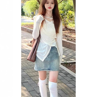 【工厂直销】交叉v领褶皱不规则显瘦T恤女设计感气质小众时尚上衣