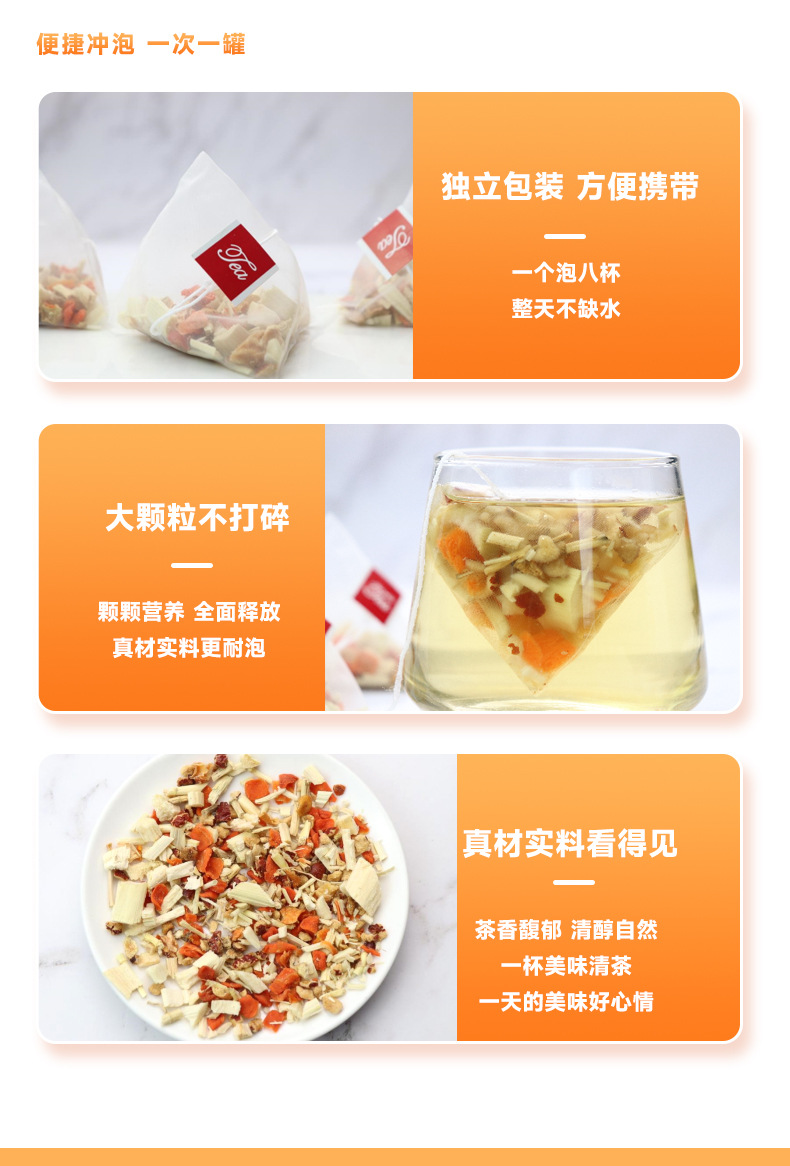 Zhu Zhe Mao Gen Tea 30 Pyramid Tea Bags Sugarcane Cogon Grass Root Pear Blend 240g in use