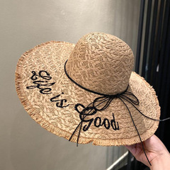 麦わら帽子編み刺繍アルファベット特大軒麦わら帽子女性夏屋外ディスプレイ顔小さな日よけ日焼け止めビーチ日よけ帽子