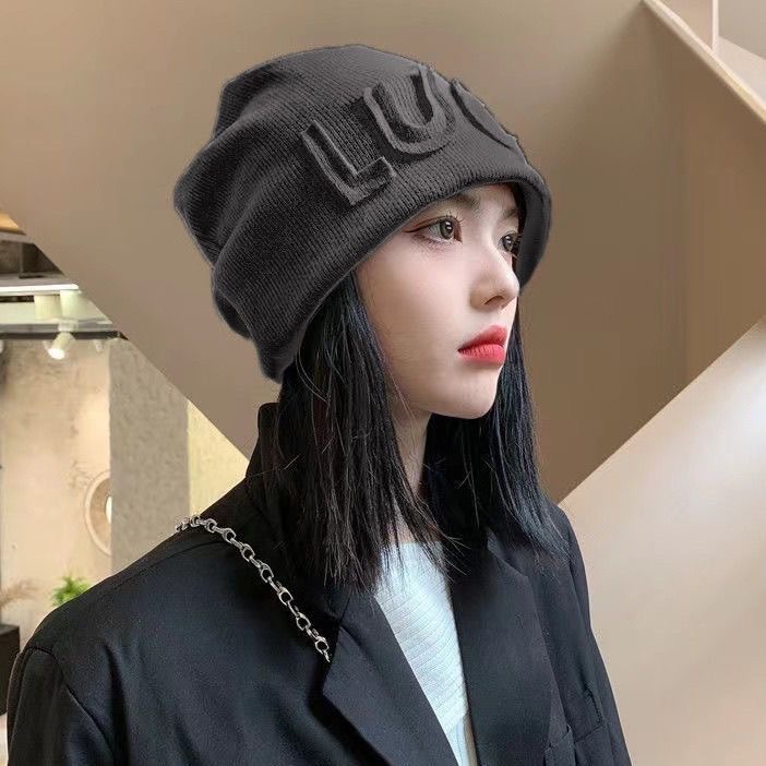 帽子女秋冬护耳新款字母堆堆帽冬季网红日系冷帽显脸小针织月子帽|undefined