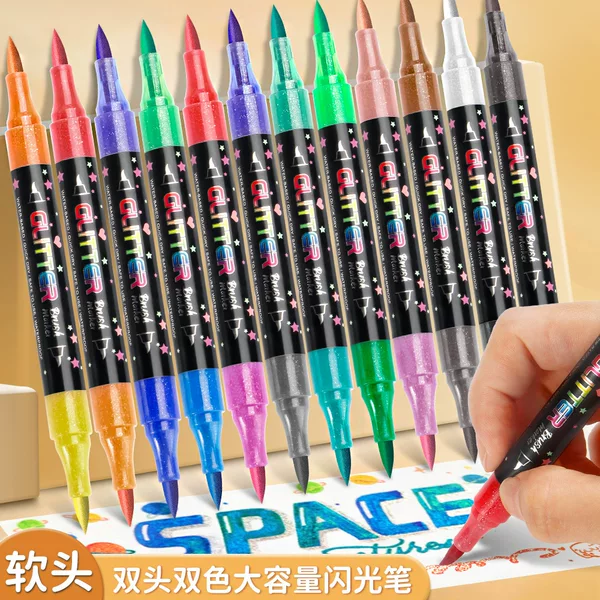 Metallic Glitter Marker Acrylic Double-Ended Two-Color Glitter Marker Pen Amazon Cross-Border Factory