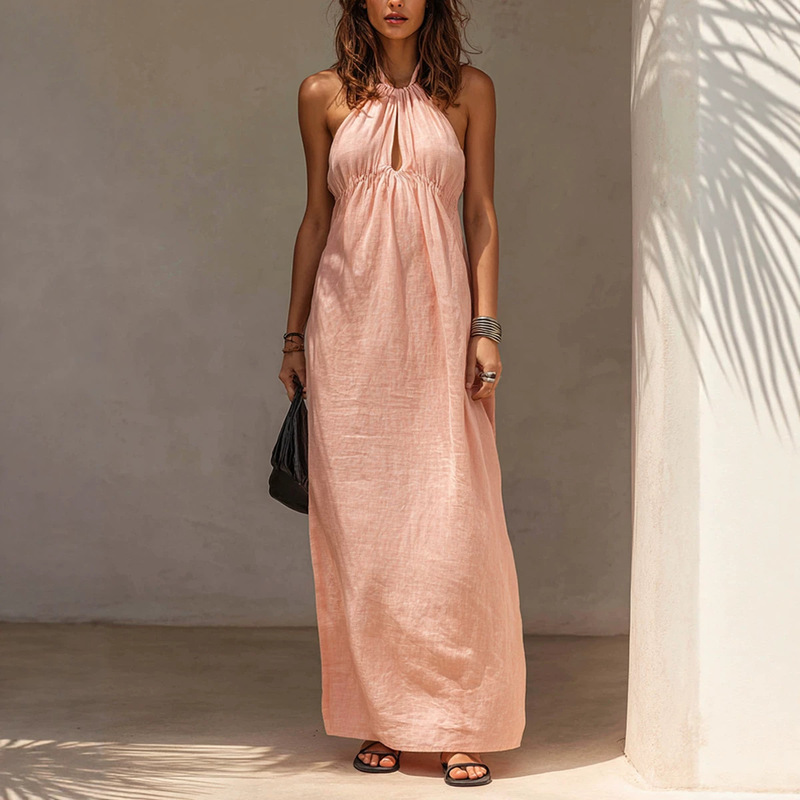 2026 Cross-Border European and American Style Halter Neck Dress for Women, Summer V-Neck High-Heeled Vacation Style Long Dress