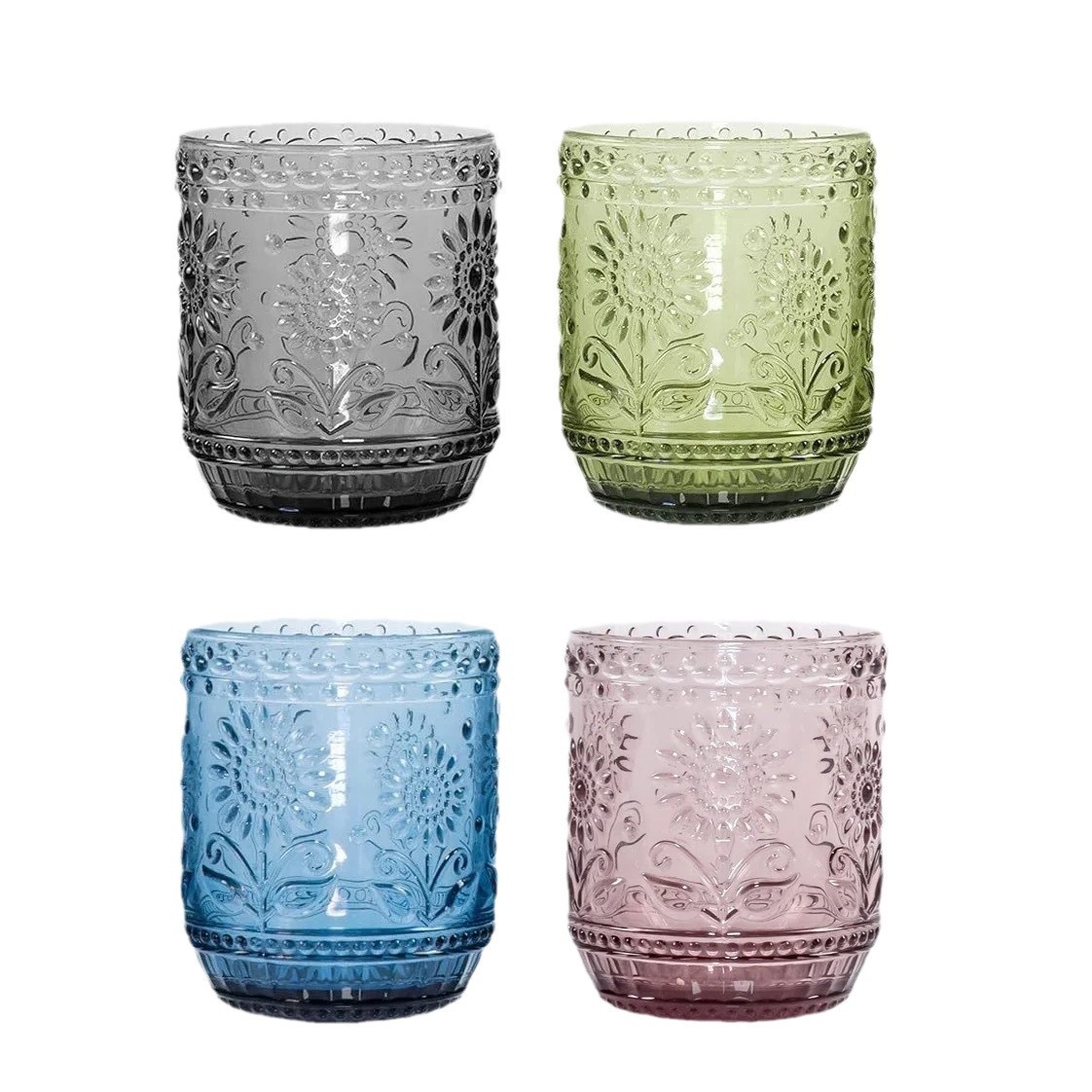 Taza de agua de vidrio con patrón de color de flor de sol en relieve retro al por mayor, taza de jugo de leche para el hogar de girasol, taza de bebida fría