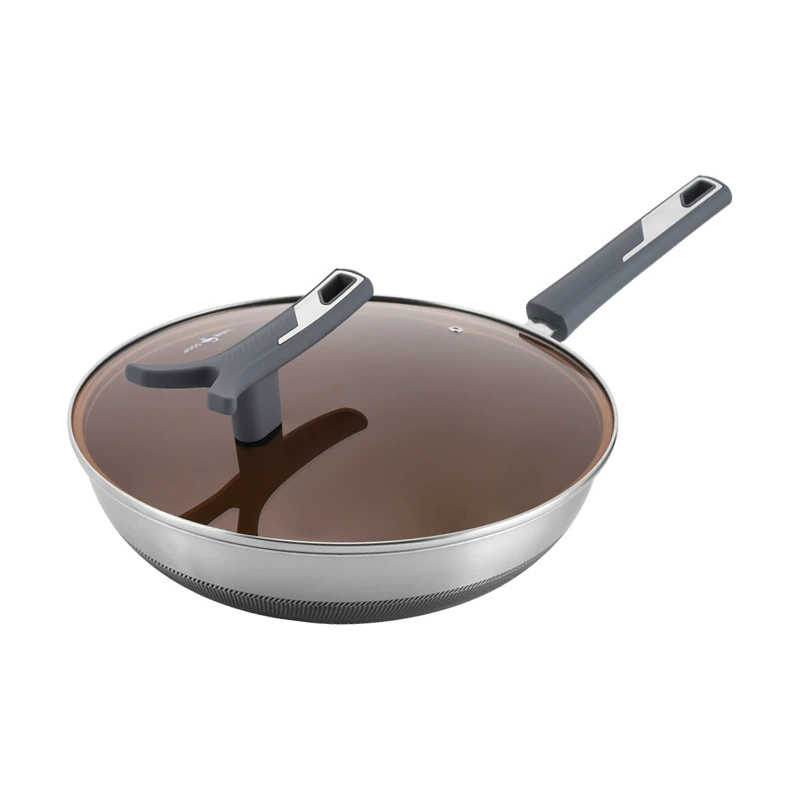 Three-layer steel wok 316 non-stick pot household commercial flat bottom steaming soup pot induction cooker gas stove frying pan wholesale