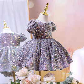 女童宝宝周岁生日宴礼服儿童演出服花童公主裙篷篷纱亮片连衣裙