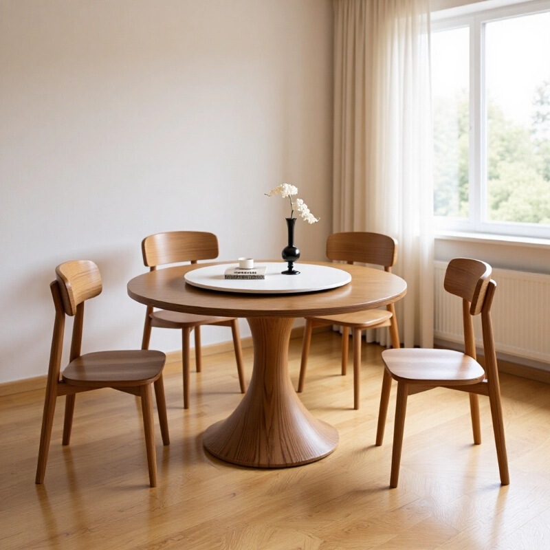 Medieval Style Small Waist Round Table with Turntable for Home Walnut Color Ash Wood Retro Small Apartment Designer Round Dining Table Medieval Style Small Waist Round Table with Turntable for Home Walnut Color Ash Wood Retro Small Apartment Designer Round Dining Table