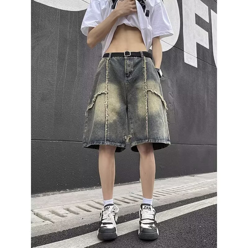 Men's Retro Style Distressed Denim Shorts Frayed Wash Loose Fit Five Point Summer American Style Pants_mkmklike.com