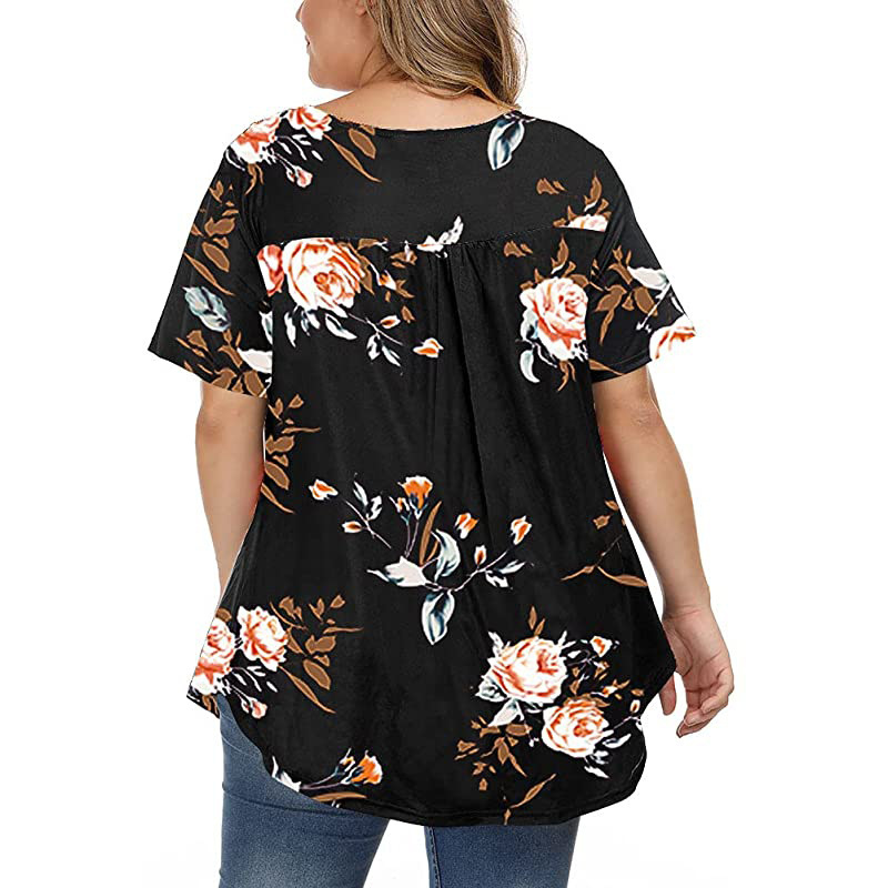 Camiseta holgada de manga corta con estampado de flores y botones de-Multicolor NSFH130971