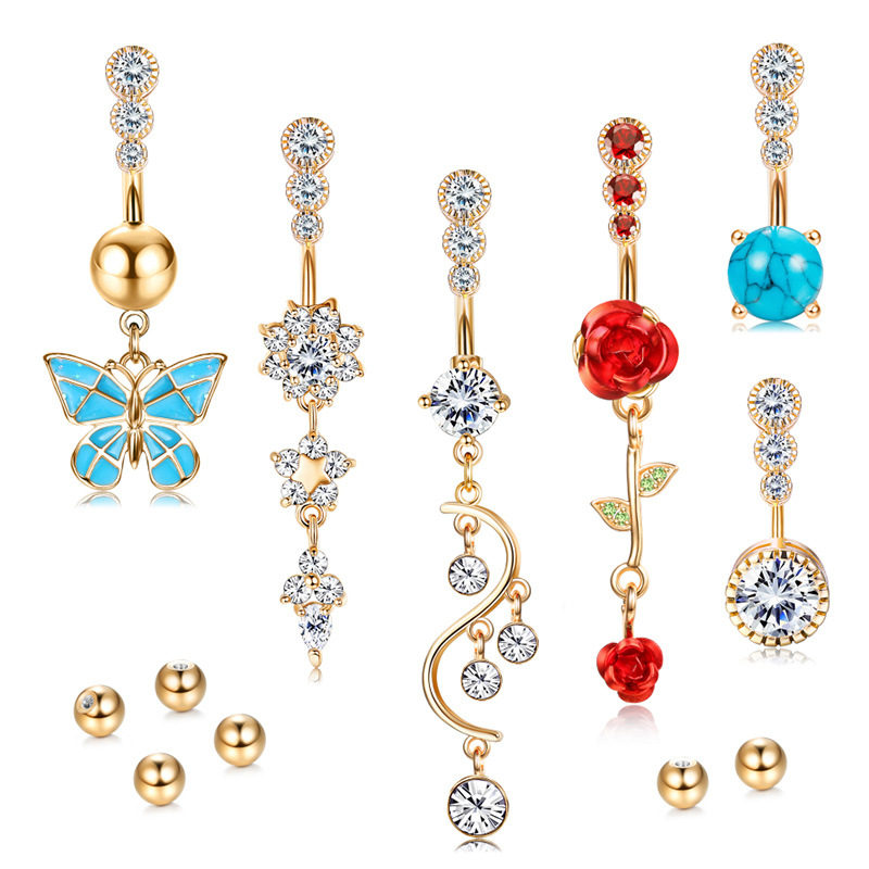 Fashion Flower Stainless Steel Plating Inlay Zircon Women's Belly Ring 6 Pieces display picture 2