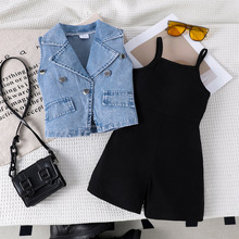 Children's clothing亚马逊跨境欧美女童牛仔马甲+吊带连体裤夏季