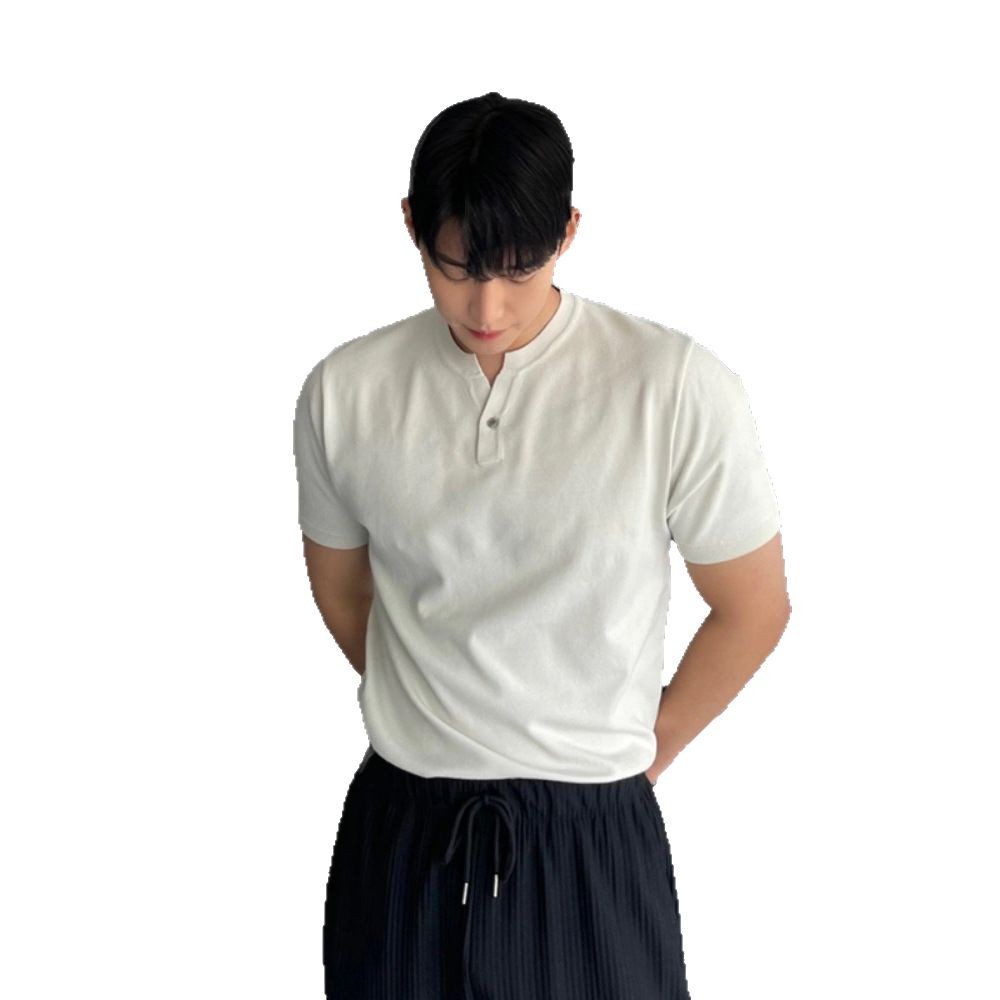 Verano nuevo estilo suéter de manga corta hombres botones de cuello Henry delgado negocios hielo seda camiseta coreana comercio exterior transfronterizo al por mayor