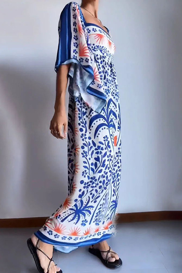 Women's Regular Dress Casual Boat Neck Backless Nine Points Sleeve Printing Maxi Long Dress Daily Tea Party display picture 6