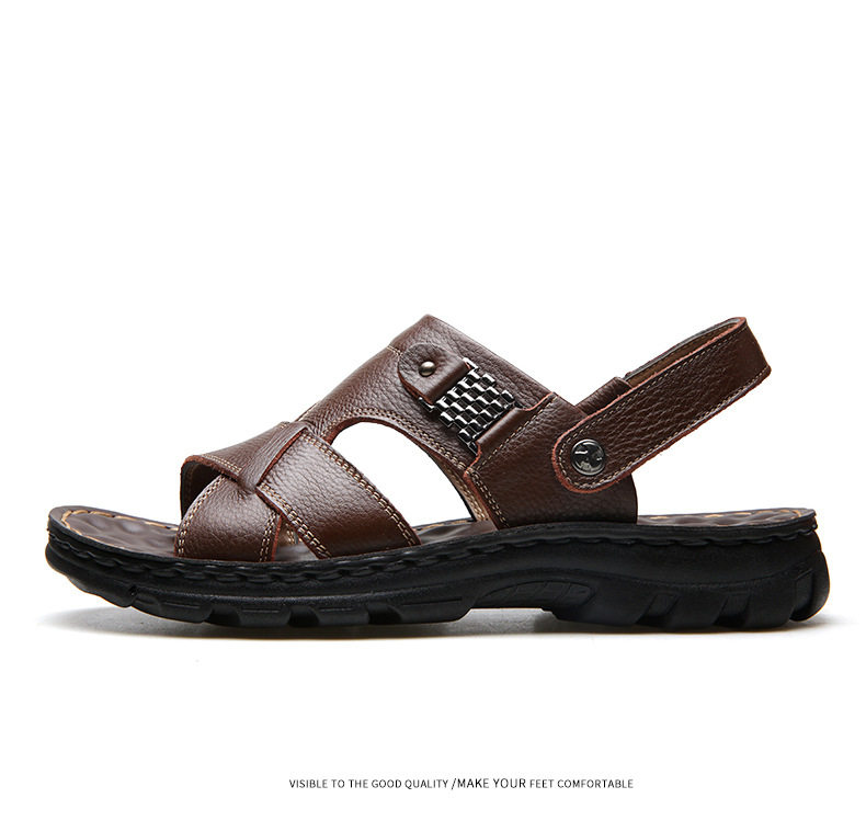 Dép sandal nam da bò lớp đầu hở ngón, dép đi biển da thật thoáng khí chống trượt size lớn — 10135 màu đen, 10888 màu đen, 12129 màu đen, 12129 vàng nâu chi tiết 17