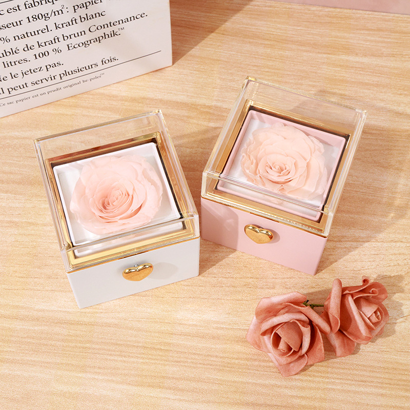 Nuevos productos transfronterizos caja de regalo de San Valentín rosa caja de rebote acrílico caja de anillo de alta calidad caja de joyería antioxidante