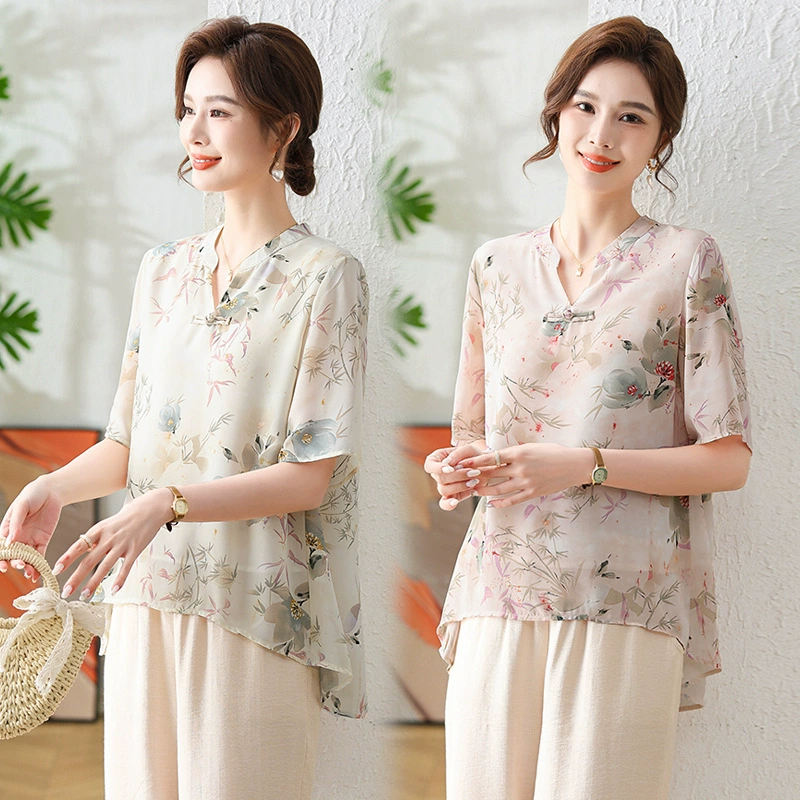 2025 весенние и осенние модные новые рубашки, классные рубашки для мам, женские топы с короткими рукавами в китайском стиле среднего и пожилого возраста для 40 и 50 лет.
