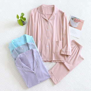 Couple's cotton pajamas suit Four Seasons thin men's and women's lapel knitted cotton long sleeve outerwear cotton homewear