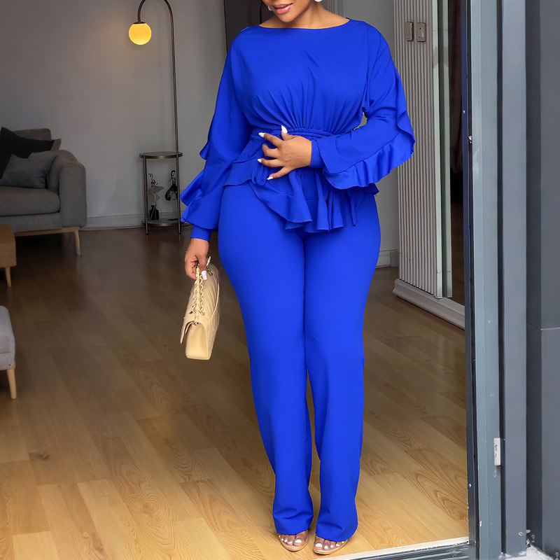 D3345 Foreign Trade European and American Elegant Winter Elastic Ruffle Drawstring Long-Sleeve Waist-Cinching Top and Pants Cross-Border Two-Piece Set