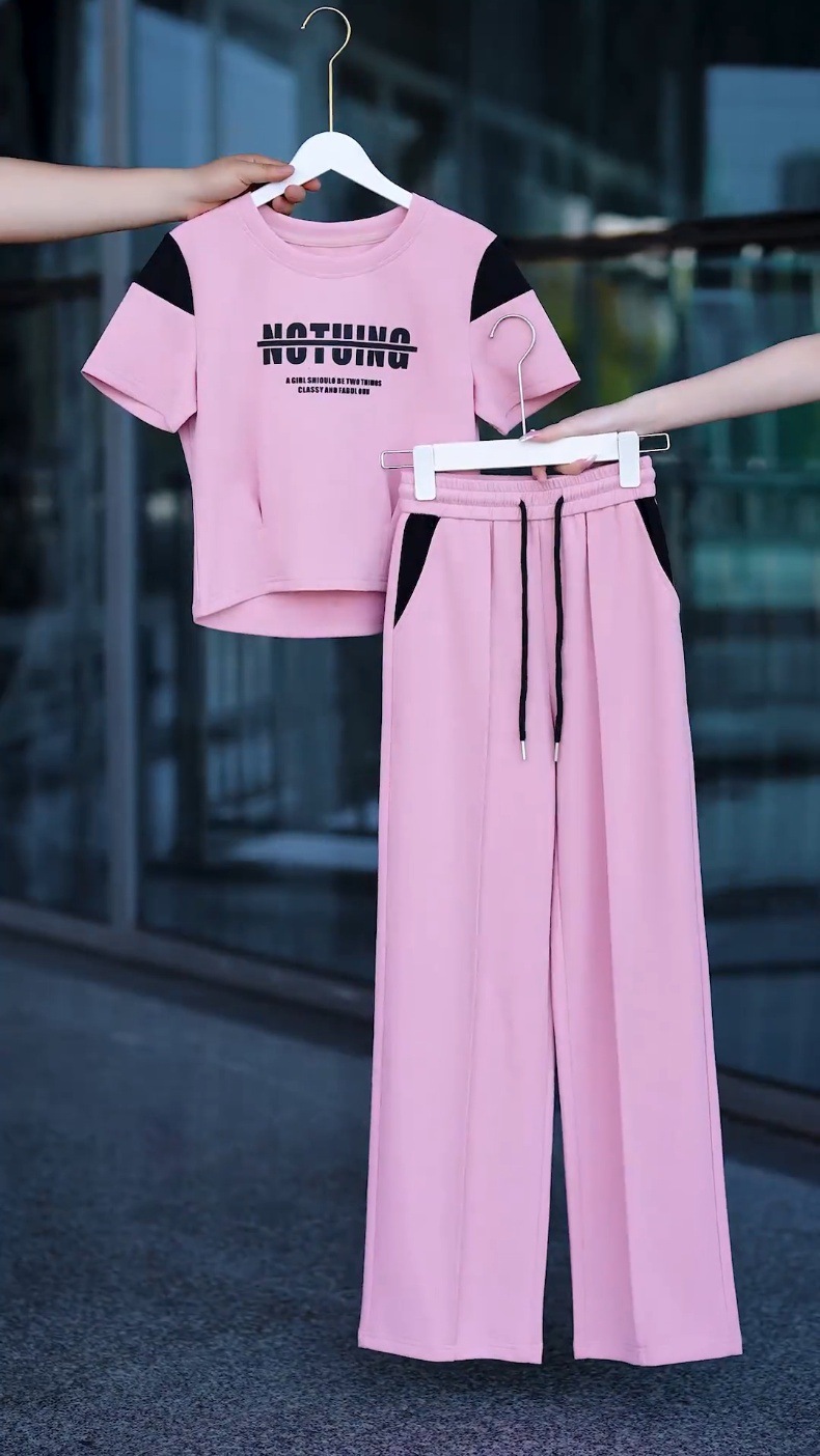 Women's Contrast Color Casual Sports Suit Short Sleeved Top And Wide Leg Pants Two Piece Set Stylish Slimming Trendy 2026_ecoleips.com