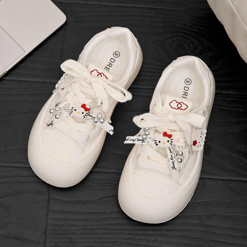 2026 Spring and Summer Cute Cat-Themed White Sneakers with Breathable Mesh, New Sports Casual Niche Thick-Soled Shoes for Students