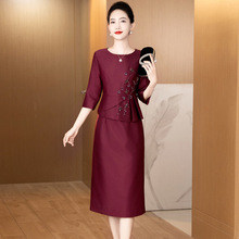春秋季妈妈敬酒服时尚假两件喜婆婆婚宴装中袖礼服连衣裙平时可穿