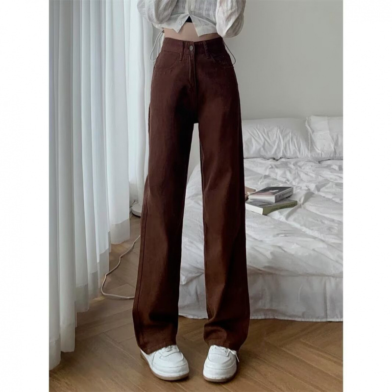 Vintage Coffee-Colored Wide-Leg Jeans for Men and Women, High-Waisted Straight-Cut Loose Drapey Floor-Length Denim Pants Vintage Coffee-Colored Wide-Leg Jeans for Men and Women, High-Waisted Straight-Cut Loose Drapey Floor-Length Denim Pants