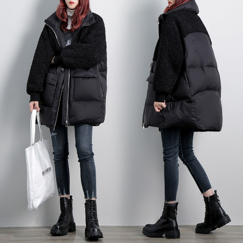 Women's Clothing padded jacket mid length winter fashion splicing lamb wool cotton coat loose large size warm all match cotton coat for women_voghion.com