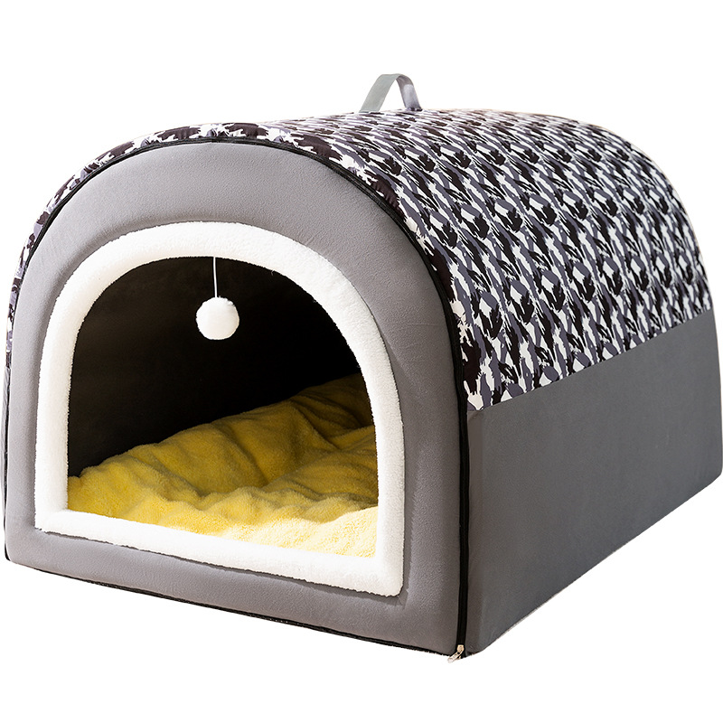 Transfronterizos grises multicolores impresión completa arco casa nido gran cabello dorado semicerrado gran espacio perro cama para perros artículos de mascotas