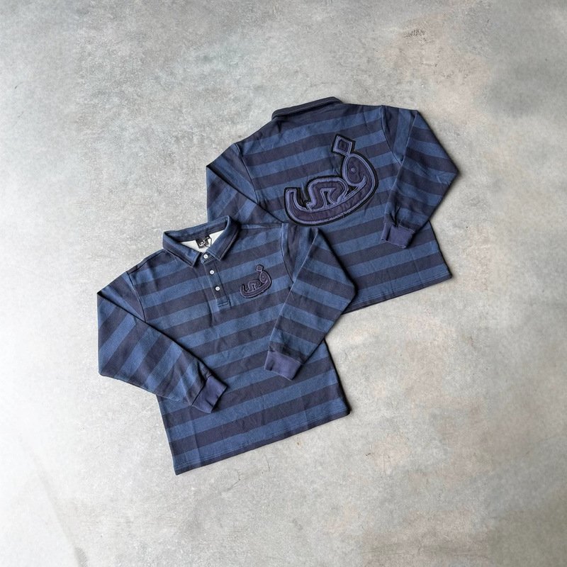 Retro Color-Blocked Horizontal Striped Waffle Long-Sleeve T-Shirt with 3D Towel Embroidery, Casual Turn-Down Collar, Unisex Style, Available in Bulk