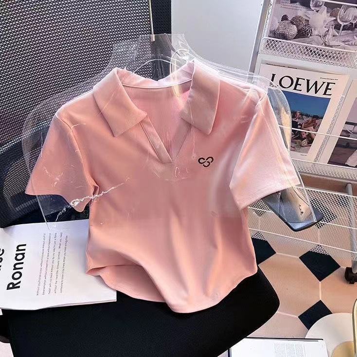 Children's clothing, girls' simple embroidered polo collar short-sleeved t-shirt, Korean style design, short casual top, trendy style.