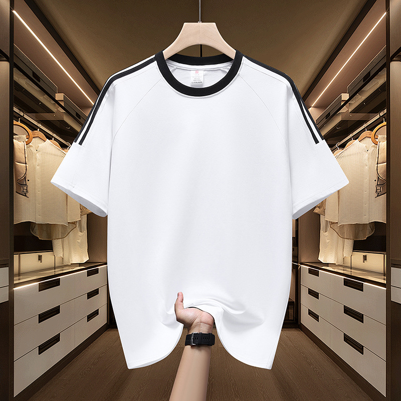 Algodón transfronterizo americano de tres barras de manga corta camiseta deportiva de moda masculina suelta y atractiva chaqueta de comercio exterior