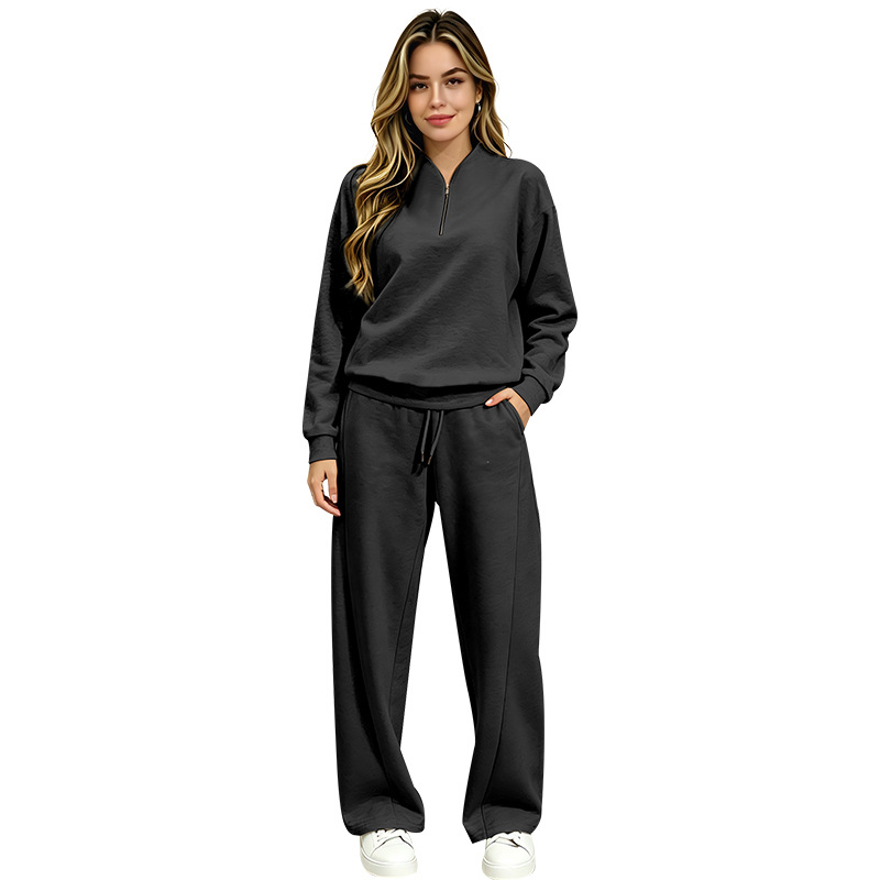 Women's Clothing Women's Fashionable Long Sleeved Sweatshirt Casual Trousers Set Style Autumn Half Open Collar Solid Color Loose Fit_ecoleips.com