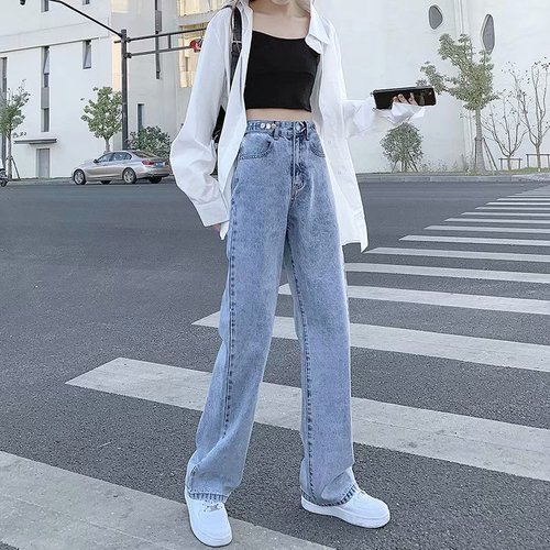 High-waisted jeans for women  spring and autumn new Korean style slim and versatile loose straight wide-leg pants trendy floor-length trousers