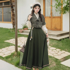 汉服改良日常套装新中式复古绣花长袖衬衫国风马甲半身裙三件套女