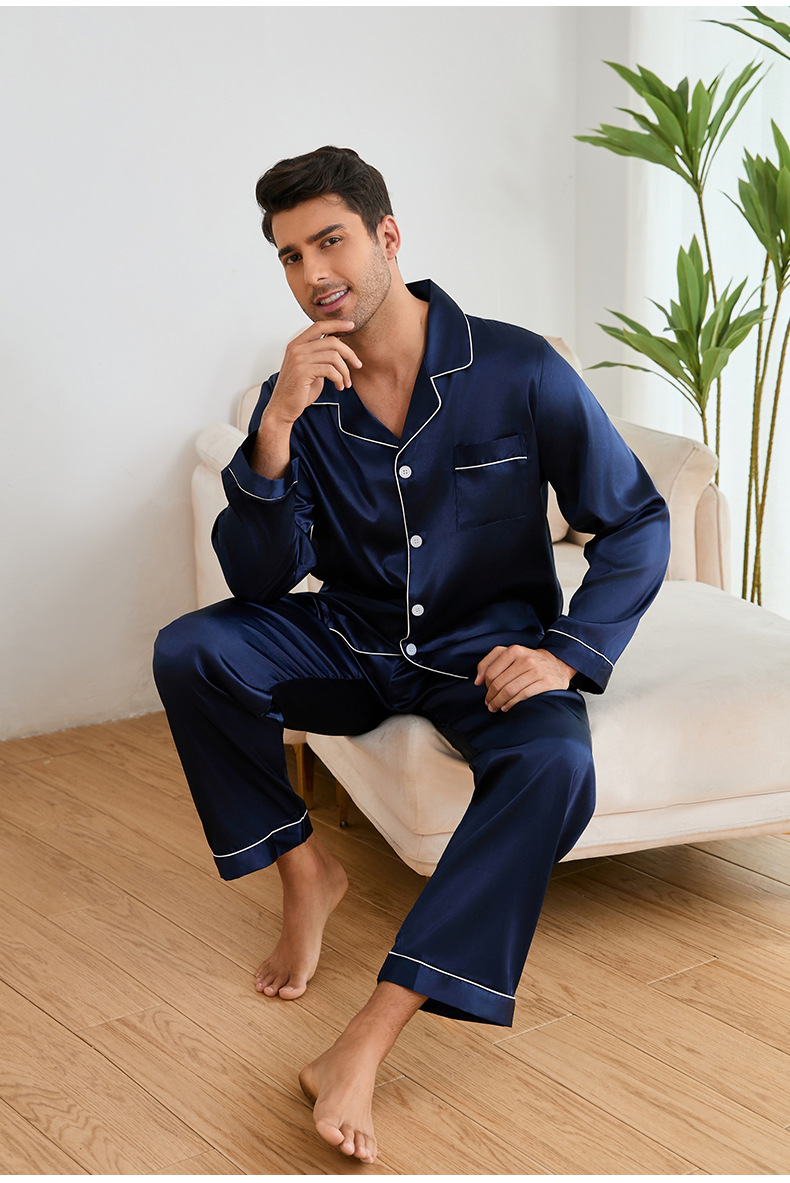 Yaoyin Herren-Pyjama aus Eisseide, Frühlings- und Herbstset, Hochzeits-Set, rote Ärmel, lange Hose, Hausanzug TZ21762_voghion.com