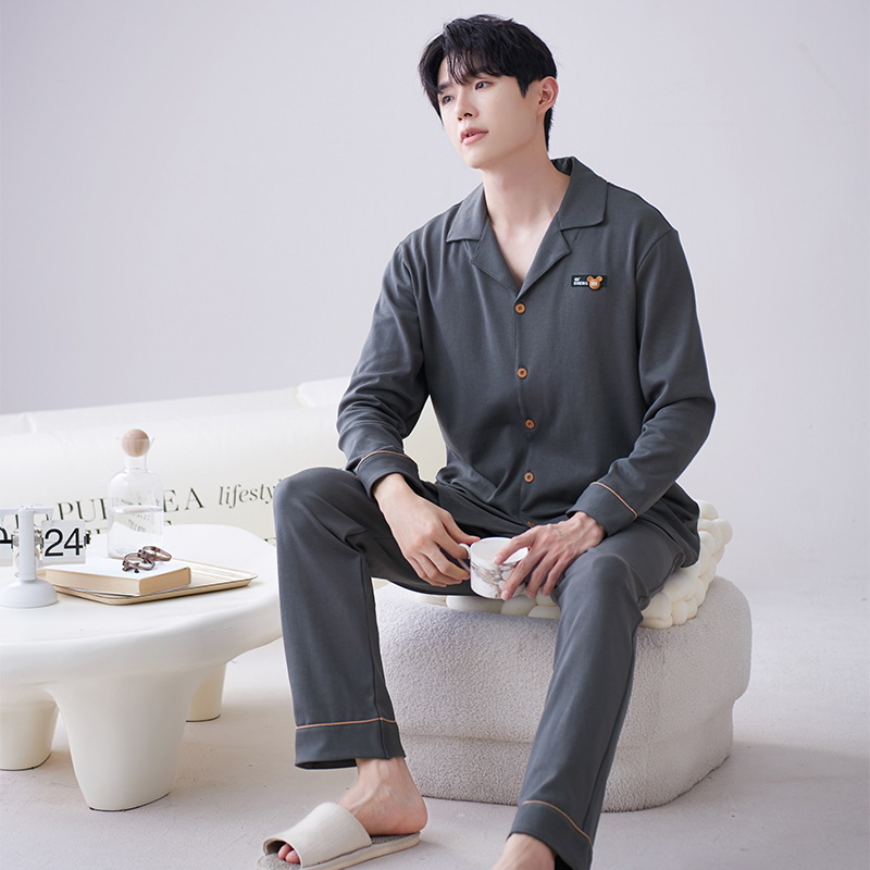 Los hombres de la Rebeca pijamas de otoño de los hombres de manga larga de algodón de moda traje de pijama de solapa de los hombres texturizado ropa para el hogar de primavera y otoño