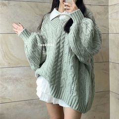 慵懒风复古加厚V领宽松灰色麻花毛衣女学生秋冬韩版百搭针织衫潮