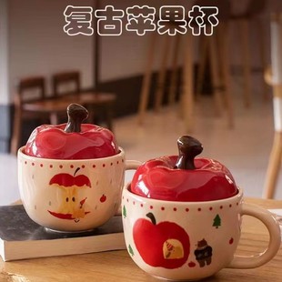 Creative Apple Ceramic Cup with Lid Retro Drinking Cup with Lid and Spoon Accompanying Gift High Color Value Net Red Fruit Coffee Cup