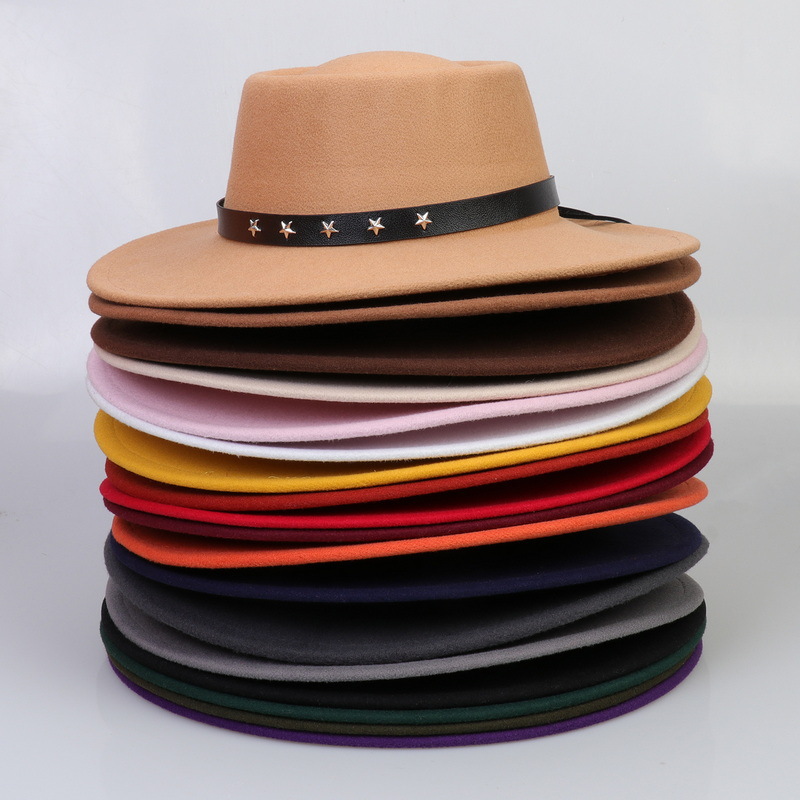 Sombrero de mujer transfronterizo Otoño e Invierno sombrero plano estrella de cinco puntas cinturón Accesorios Sombrero de lana sombrero de Panamá Jazz sombrero de hombre
