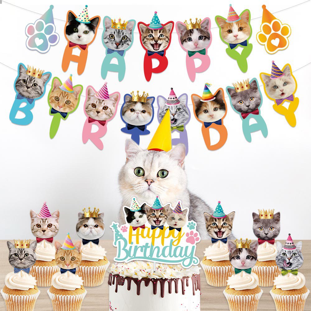Nueva mascota gato tema cumpleaños fiesta decoración suministros dibujos animados gato cumpleaños bandera pastel Tarjeta de inserción