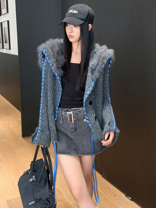秋冬新慵懒风狐狸毛车条撞色织带毛衣女修身绒感翻领外套开衫显瘦|undefined