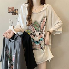 大きいサイズのしわのあるアイスシルバニーアニマルプリントフード付き半袖Tシャツ女性用2025春夏新作女性用ゆったりスリムトップ