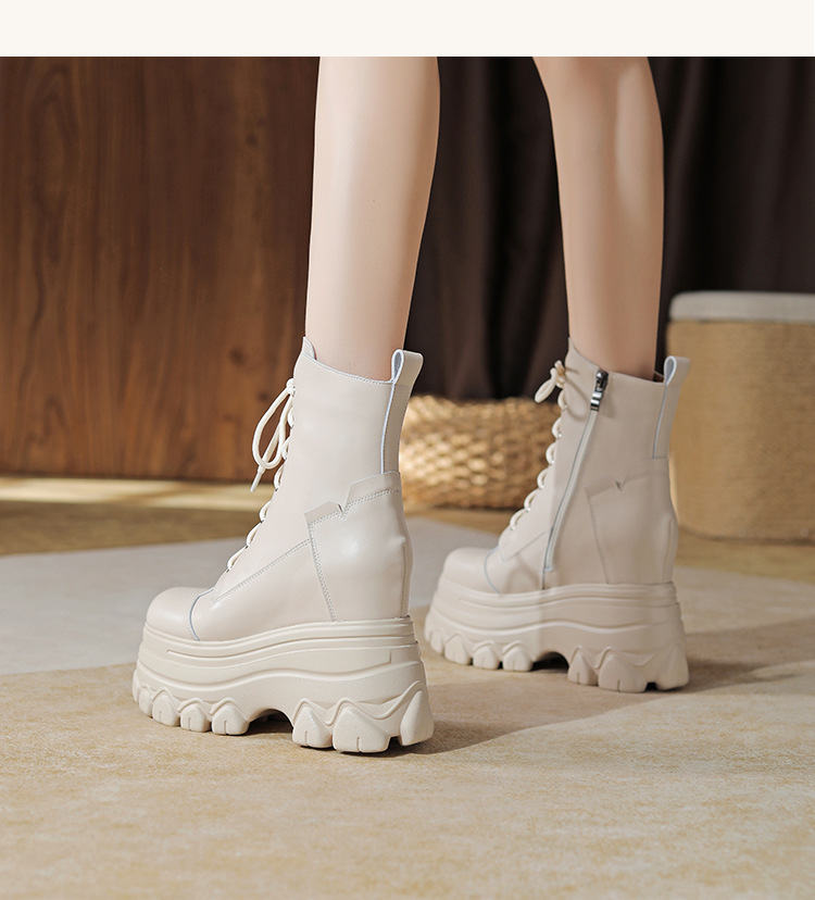 Boot nữ da thật đế dày tăng chiều cao 12 cm dây buộc cổ thấp — Đen lót nhung chi tiết 12