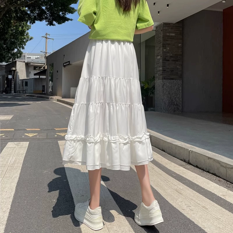 [夏季2024新款拼接白色荷叶边百搭遮跨有内衬半身裙女]