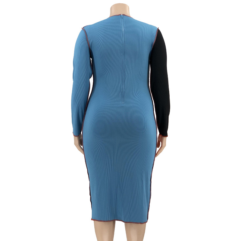 Regular Dress Elegant Round Neck Patchwork Rib-Knit Long Sleeve Color Block Midi Dress Daily display picture 54
