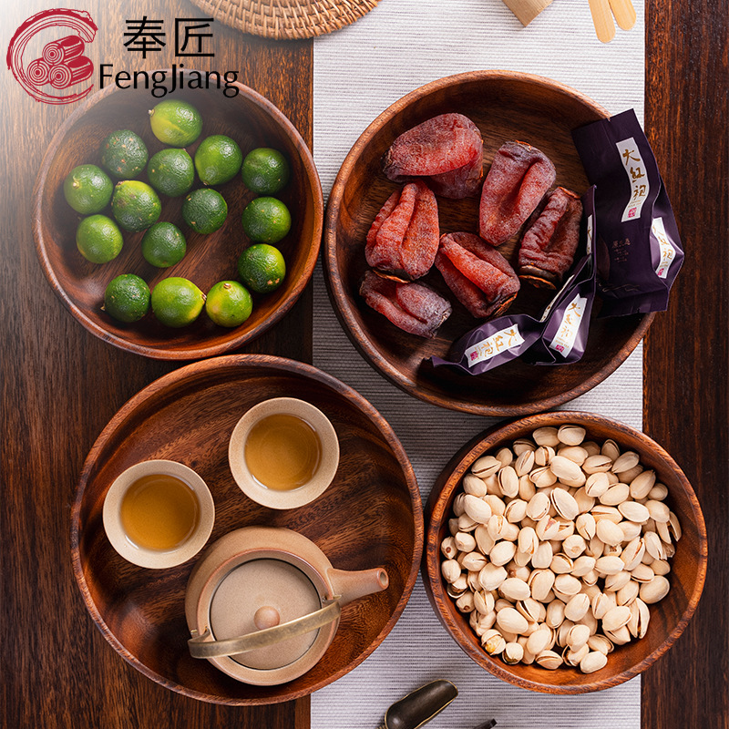 厂家批发定制刻LOGO南美胡桃木圆形水果盘瓜子零食盘相思木沙拉碗