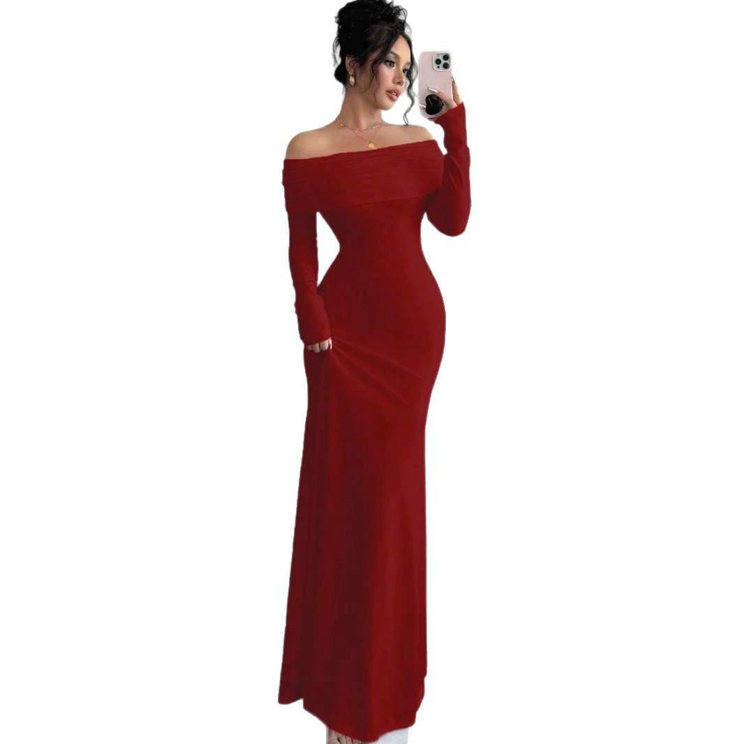 2025 Foreign Trade European And American Women's Clothing Cross Backless Sexy Off-Shoulder Elegant Long Dress_ecoleips.com