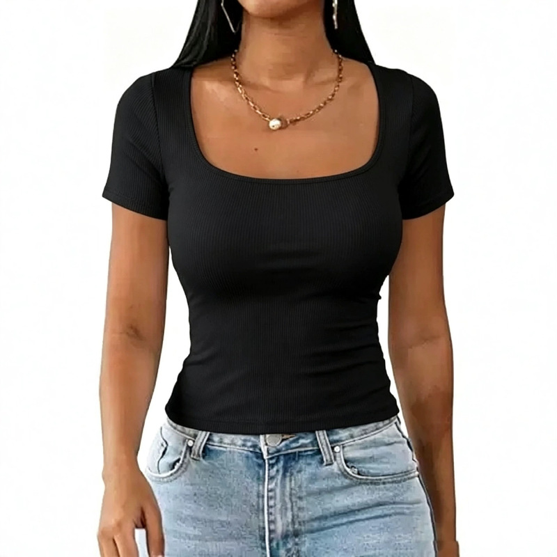 Foreign Trade Wholesale 2026 Summer U-Neck Short-Sleeved T-Shirt for Women, New Simple Casual Pullover Slim-Fit Top for Late Summer and Early Autumn